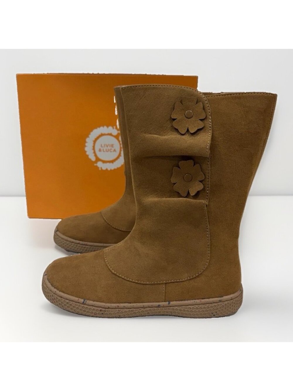 Livie & Luca Neve Flower Boots in Caramel Brown Suede size 1Y Girl's Side Zip